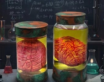Brain Lamp in a Glass Jar with Light   Mad Scientist Laboratory Decor , Sci-Fi Brain Specimen Jar Lamp, Unique gift Graduated Cylinder