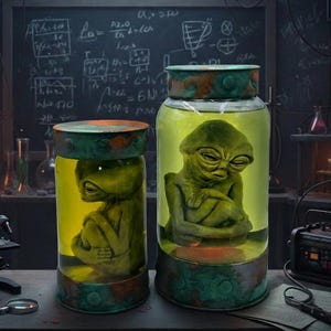 May include: Two green alien figures preserved in glass jars with yellow liquid. The jars have rusted metal lids and bases. The background includes laboratory equipment, a chalkboard with equations, and various beakers and flasks.