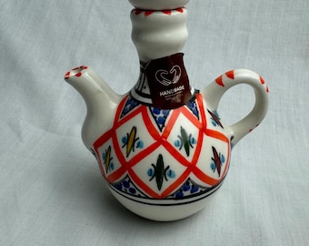 Vintage Slama Poterie Tunisia Hand Painted Ceramic Oil Cruet with Handle