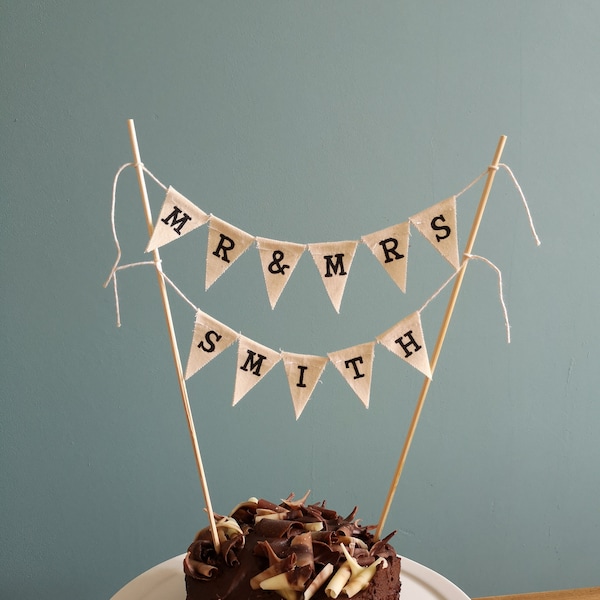 Mr And Mrs cake bunting, cream cake topper, Mr & Mrs, Hessian cake bunting, wedding cake topper, burlap wedding, rustic cake topper,wedding