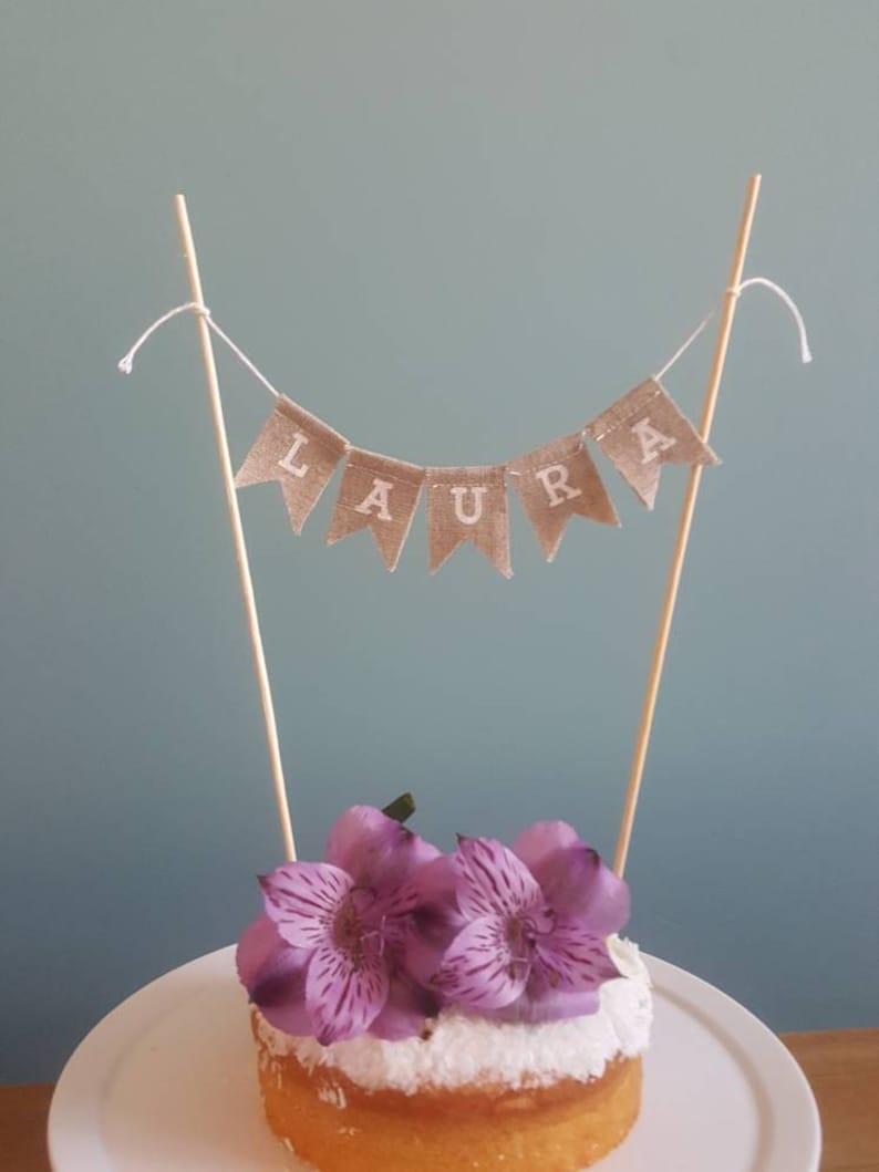 Burlap name bunting, custom name cake topper, Hessian cake bunting, personalised cake bunting, birthday cake topper, rustic cake topper image 1