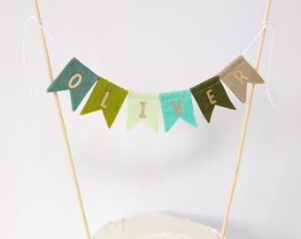 Personalised name cake bunting, mixed greens custom name cake topper, felt cake bunting, personalised cake bunting,