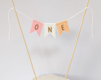 First birthday cake bunting, 'ONE' cake topper, girls pretty cake topper, glitter gold letters, personalised cake topper bunting.