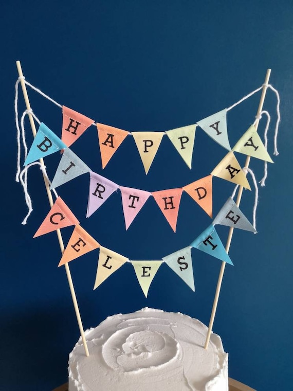 Personalised Pastel Rainbow Cake Bunting Fabric Cake Topper | Etsy