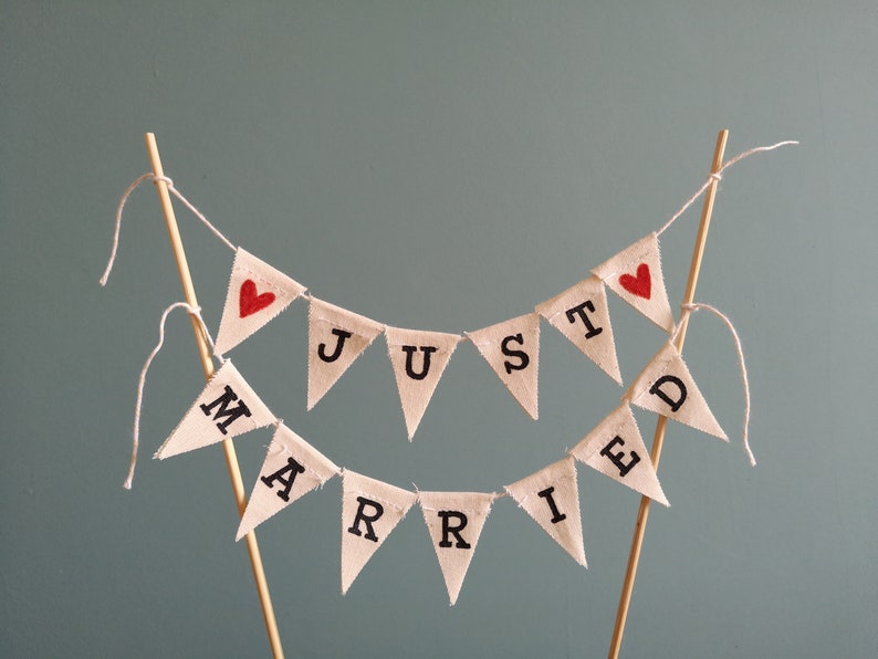 Just married wedding cake topper bunting banner, rustic vintage wedding cake topper, ivory cake topper, just married rustic cake bunting image 1