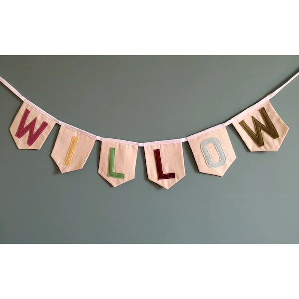 Muted natural Name Banner, Personalised Fabric Bunting Banner, Custom Name Garland, Nursery Name Sign, Baby Shower Gift, Baby Name Banner,