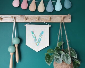 Initial banner, personalised initial, A - Z wall hanging, letter art, single letter, fabric custom letter wall hanging, kids playroom decor.