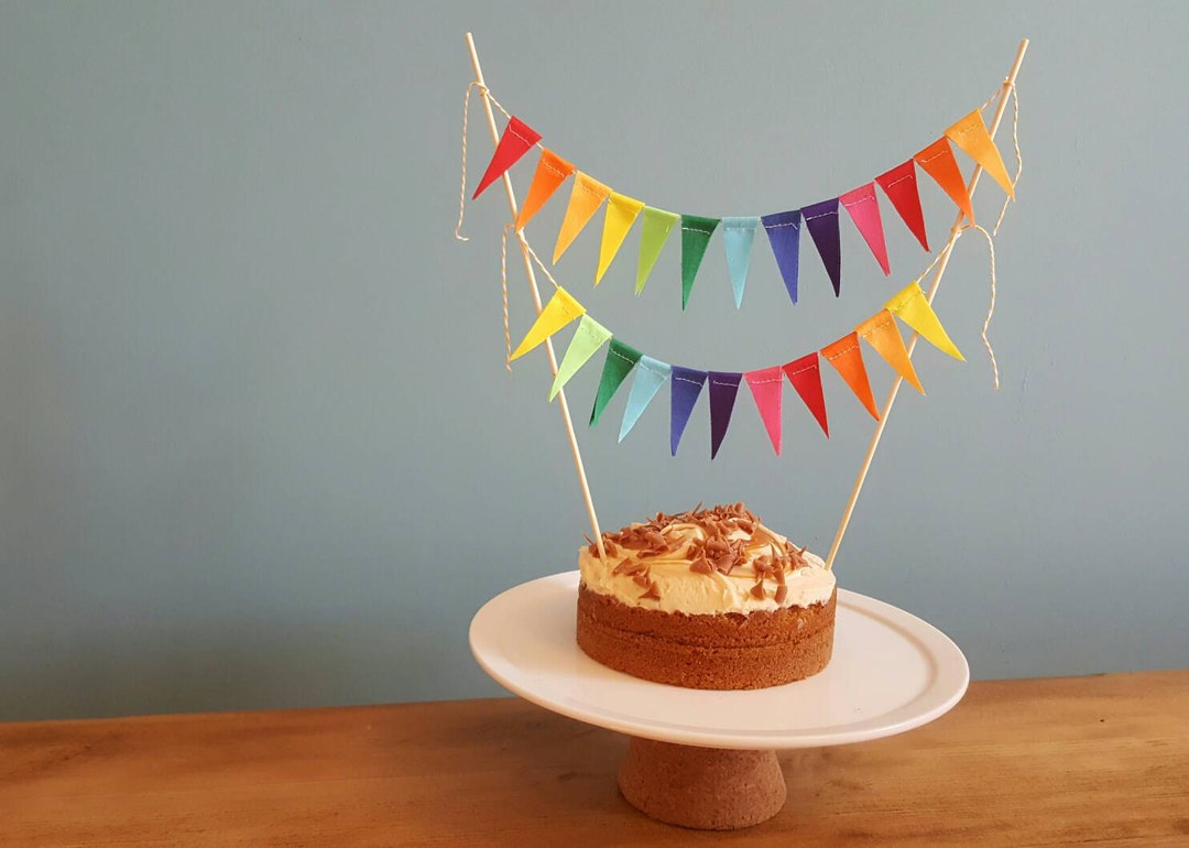 A Bright Rainbow Party Fabric Cake Topper Bunting Banner. the Perfect ...