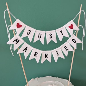 Just married wedding cake topper bunting banner, dovetail flag, red glitter, rustic vintage wedding cake topper, ivory cake topper,