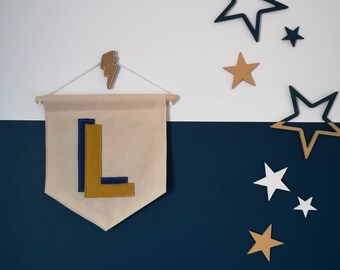 Initial banner, personalised initial, A - Z wall hanging, letter art, single letter, fabric custom letter wall hanging, kids playroom decor.
