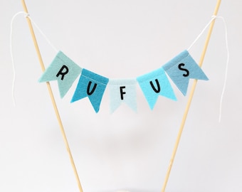 Personalised name cake bunting, boys blue custom name cake topper, felt cake bunting, personalised cake bunting,