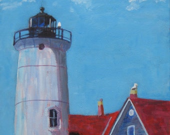 Nobska Lighthouse,  Cape Cod, Canvas Art, 14" x 11", Wall Decor, Original painting Nautical Wood's Hole Lighthouse