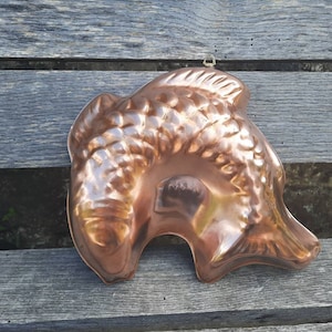 Kupfer-Fisch-Gelee-Form, französische Antiquitäten, Küchendekoration, Vintage-Stil, Heimbacken, Gelees, Kochgeschirr, Blech ausgekleidet, Kunsthandwerker, Wandkunst, Pastetenterrine, Portugal-Topf