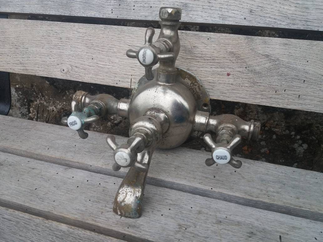 Art Déco 1930/50S Mélangeur de Salle Bains Robinets Chrome Français Douche Originale Wc Vintage Amél