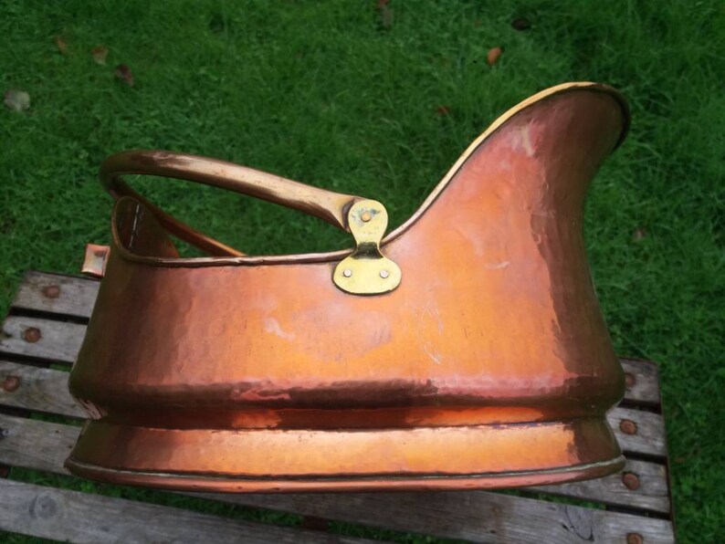 Vintage copper coal bucket scuttle log basket wood storage firewood fire pit tool french plannished artisan handmade gifts housewarming idea