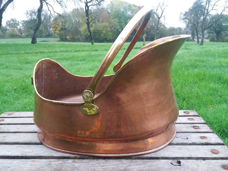 Vintage copper coal bucket scuttle log basket wood storage firewood fire pit tool french plannished artisan handmade gifts housewarming idea