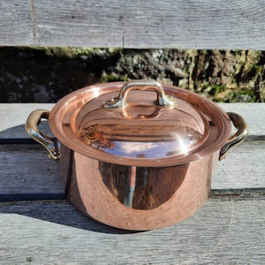 Pentola per arrosti in rame vintage Villedieu: casseruola francese rivestita in stagno