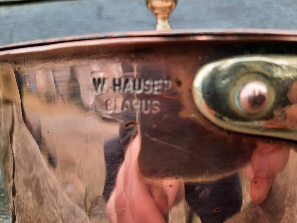 Couvercle en Cuivre Allemand Plannished Vintage Tin Doublé Poignées Laiton Estampé Qualité Ustensile