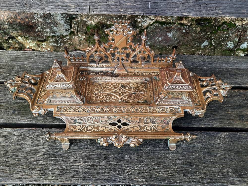 Bronze Château Gothique Encre Puits Bureau Armorial Bouclier Grand Double Liner 2.2Kg Église Victori