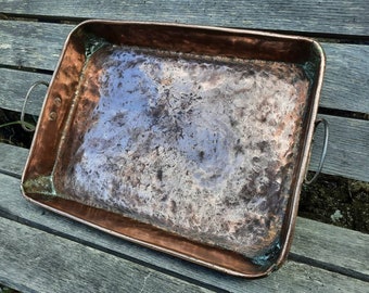 Large copper roasting pan bain marie oven tray holiday season antique french chateau cookware hammered finish artisan handmade rectangular