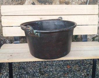 Antique copper bronze cauldron log wood storage iron forged handle french pot