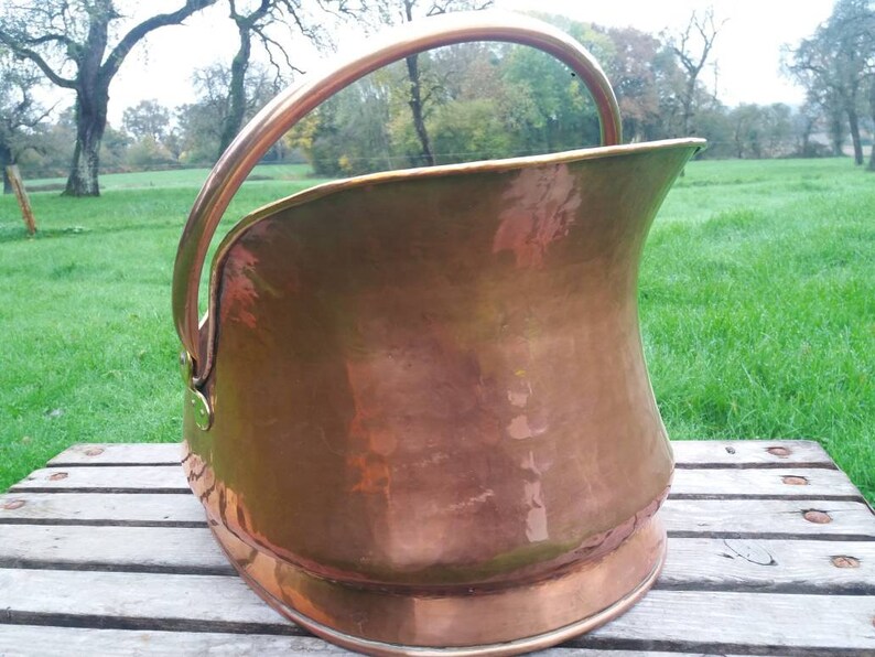 Vintage copper coal bucket scuttle log basket wood storage firewood fire pit tool french plannished artisan handmade gifts housewarming idea