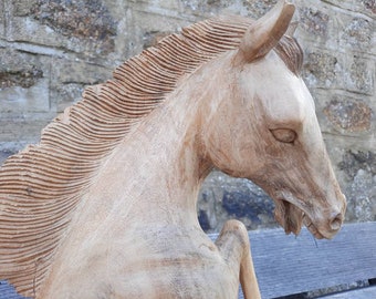 Horse sculpture hardwood stallion art figure interior design home decor centre piece mid century artwork hand carved collectable