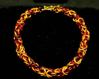Handmade Chainmaille Byzantine bracelet in fiery colors