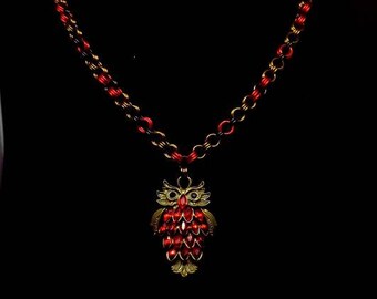 Handcrafted Red Crystal Owl on a Chain Maille Chain