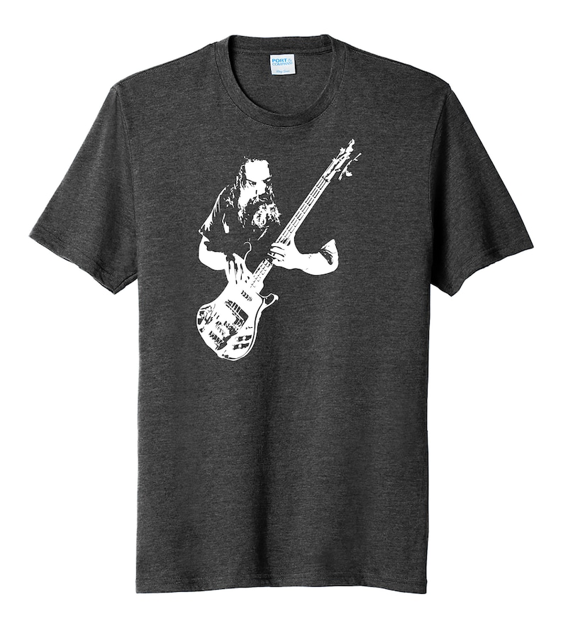 May include: A dark heather grey t-shirt with a white silhouette of a musician playing a bass guitar.