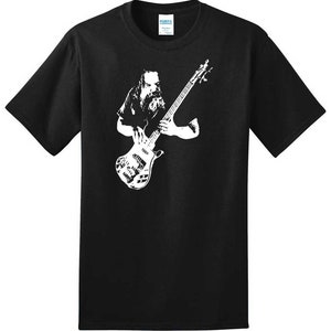 May include: Black t-shirt with a white silhouette of a musician playing a bass guitar.