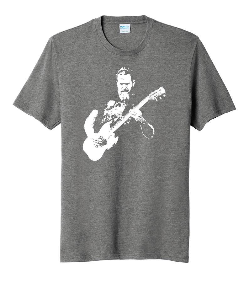 May include: A heather grey t-shirt with a white silhouette of a man playing a guitar.