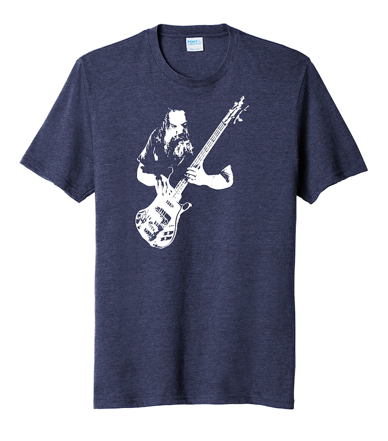 May include: A navy blue t-shirt with a white silhouette of a musician playing a bass guitar.