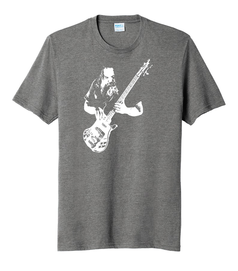 May include: A heather grey t-shirt with a white silhouette of a musician playing a bass guitar.