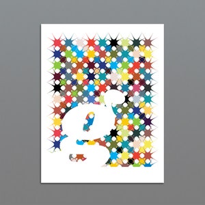 May include: A white letter "g" with a colourful background of small stars and dots. The background is a mix of red, yellow, blue, green, and orange.