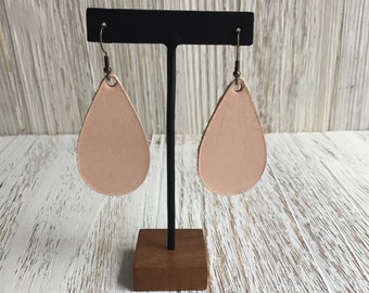 Tan Genuine Leather Earrings, Leather Earrings, Leather Teardrop Earrings, Leather Bar Earrings