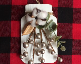 Mason Jar Cotton White Washed Wood Ornament, Mason Jar Ornament, Cotton Ornament, Farmhouse Ornament, Farmhouse Christmas