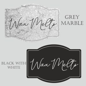 Puede incluir: Dos dise&ntilde;os de etiquetas para fundir cera. La primera etiqueta es de m&aacute;rmol plateado con el texto "Wax Melts" en cursiva negra. La segunda etiqueta es negra con el texto "Wax Melts" en cursiva blanca.