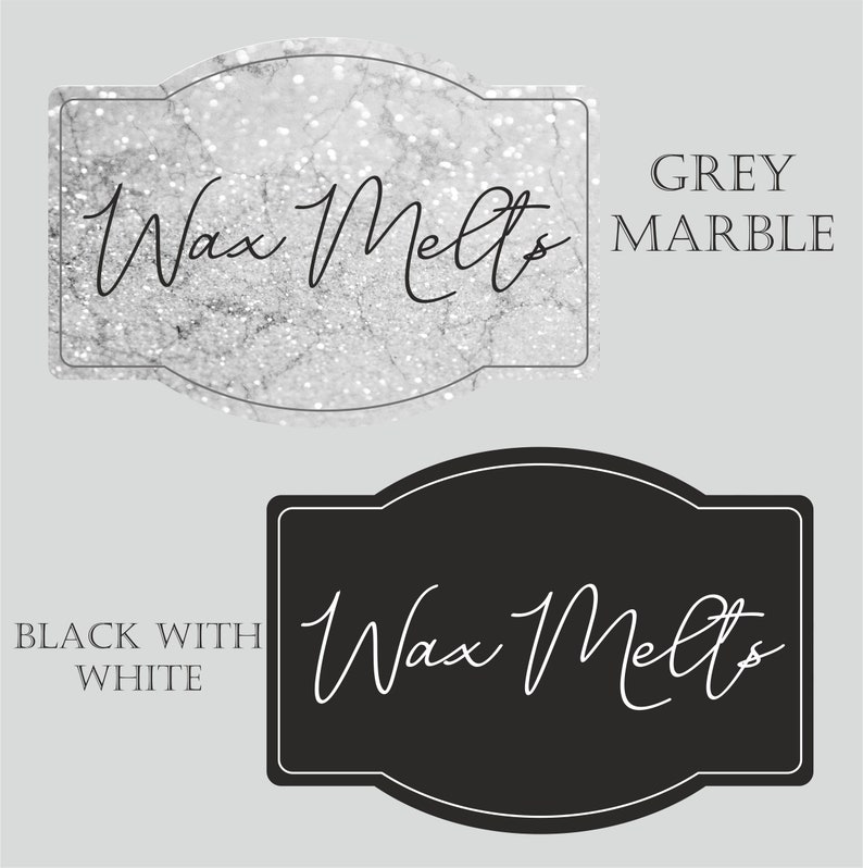 Puede incluir: Dos dise&ntilde;os de etiquetas para fundir cera. La primera etiqueta es de m&aacute;rmol plateado con el texto "Wax Melts" en cursiva negra. La segunda etiqueta es negra con el texto "Wax Melts" en cursiva blanca.