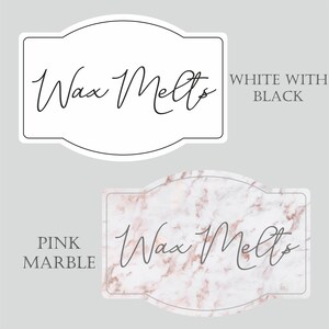 Puede incluir: Dos dise&ntilde;os de etiquetas para fundir cera. La etiqueta superior es blanca con texto negro que dice "Wax Melts". La etiqueta inferior es un dise&ntilde;o de m&aacute;rmol rosa con texto negro que dice "Wax Melts".