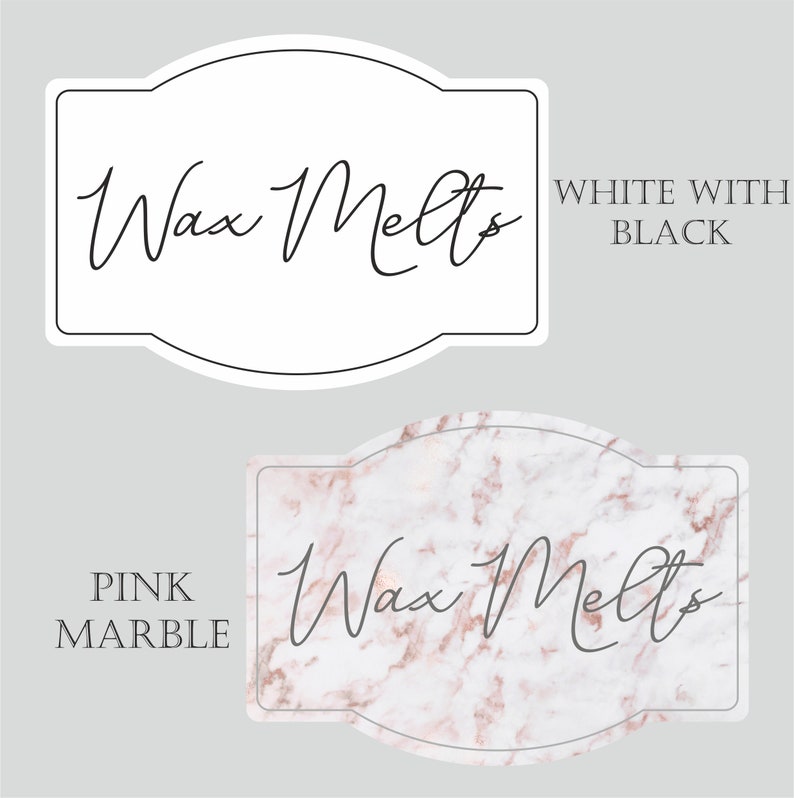 Puede incluir: Dos dise&ntilde;os de etiquetas para fundir cera. La etiqueta superior es blanca con texto negro que dice "Wax Melts". La etiqueta inferior es un dise&ntilde;o de m&aacute;rmol rosa con texto negro que dice "Wax Melts".