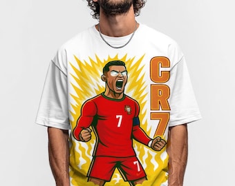 Cristiano Rolando Charged Up T-Shirt - Übergroßes CR7 Anime Comic Grafik-Shirt Vintage Streetwear Fan-T-Shirt, schweres Grafik-T-Shirt