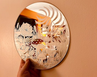 Floral Mushroom 10 Inch Round Glass Mirror by Leah McKinney Art, Small Engraved Mirror