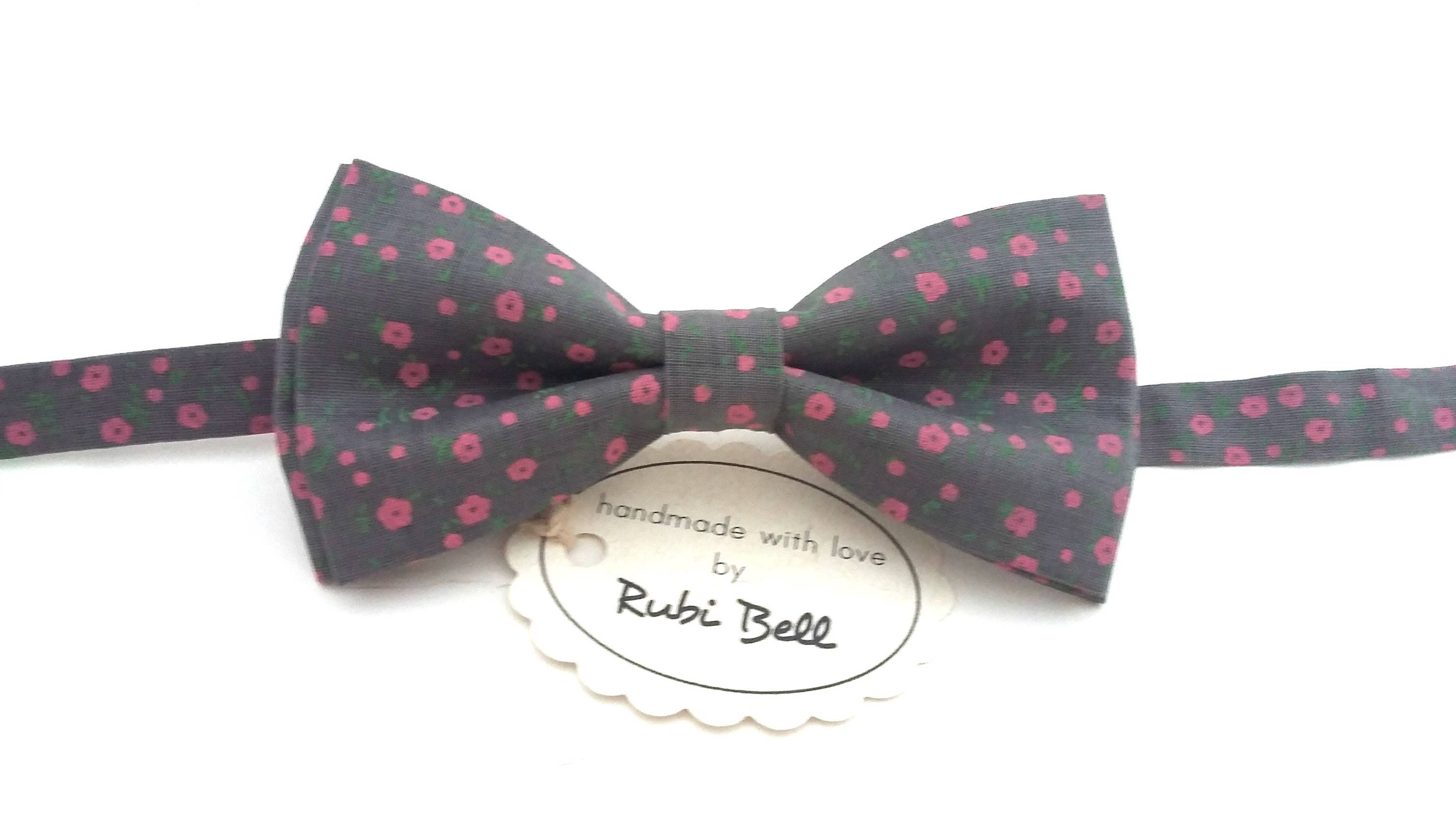 Bow Tie Floral Bow Tie Wedding Bow Tie Grey Bow Tie With Small Pink