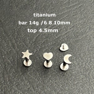 14g ‣ Implant Grade Titanium • Moon Star heart Labret Stud • Internally Threaded Labret Stud  • Conch Stud