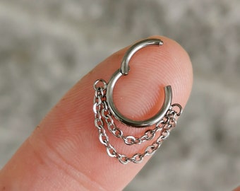 1 PC-16g 8mm 10mm - Surgical Steel Clicer- Septum Earring With Chain