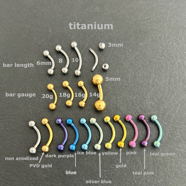 20g 18g 16g 14g - Titanium -Anodized Titanium- 6 8 10 mm  Eyebrow Ring - Curved Barbells  - Lip Ring