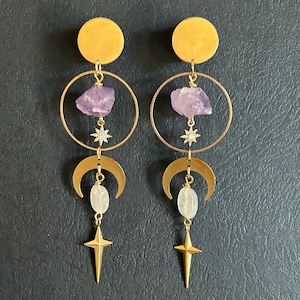 2 pcs - Bouchons d&#39;oreilles LONGS Crystal Moon Star - Acier inoxydable - Poids d&#39;oreille - Jauges - Jauges auriculaires