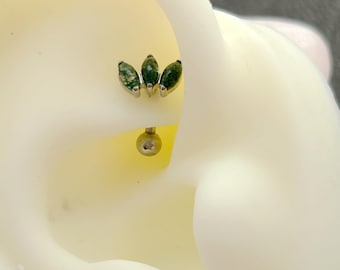 16g Titanium Push In Eyebrow Rook Piercing • Moss Agate Curved Barbell