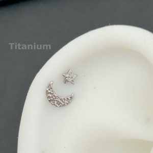 18g 16g ‣ Implant Grand Titanium • Internally Threaded Moon Star Conch Stud • Conch Helix Tragus Stud • 38